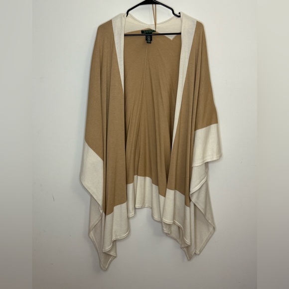 Lauren Ralph Lauren Sweaters - {Lauren Ralph Lauren}-OS-Tan and Cream Women's Wool Blend Open Front Shawl
